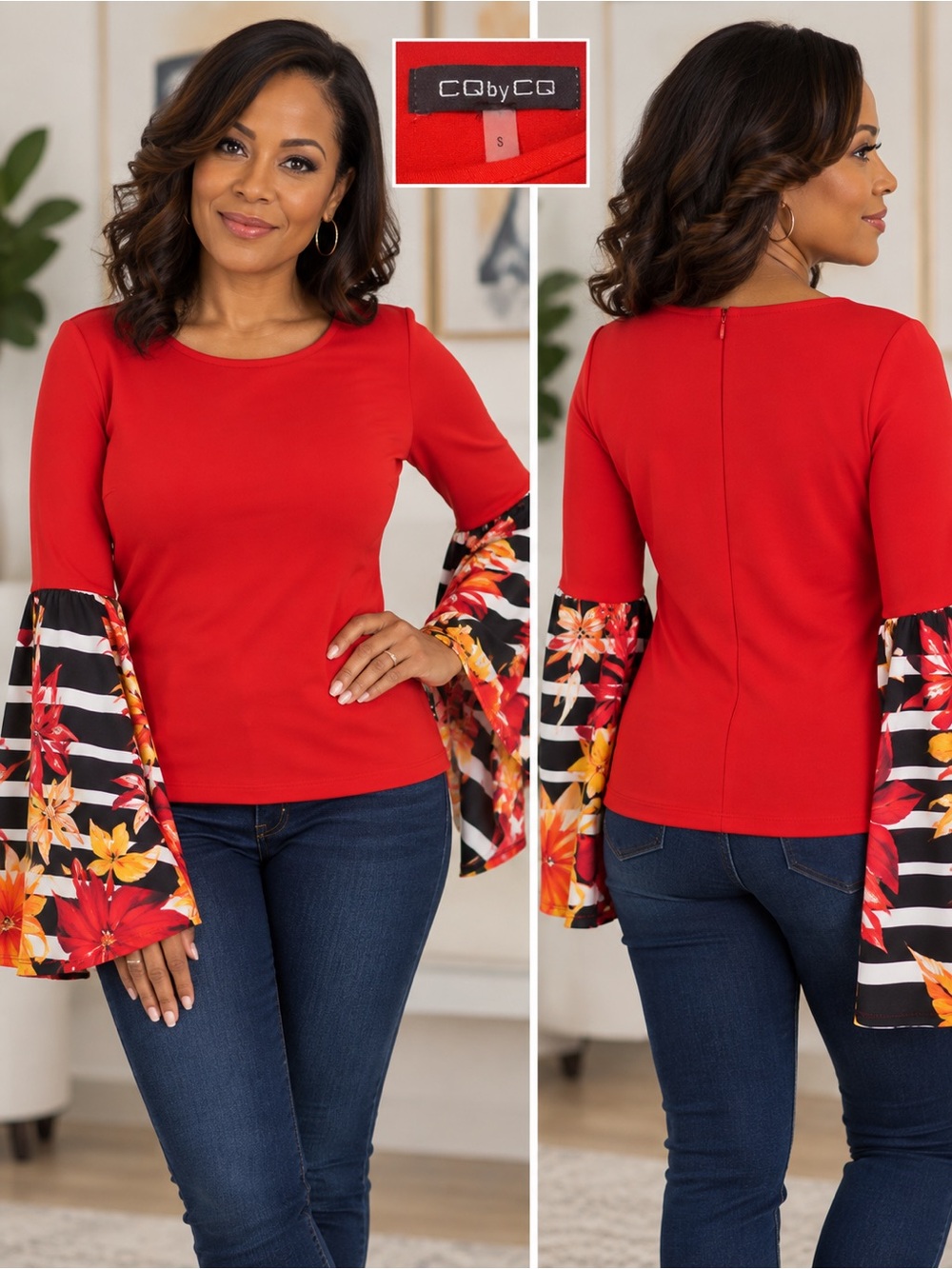 CQ by CQ Red & Floral Bell Sleeve Blouse – Size Small